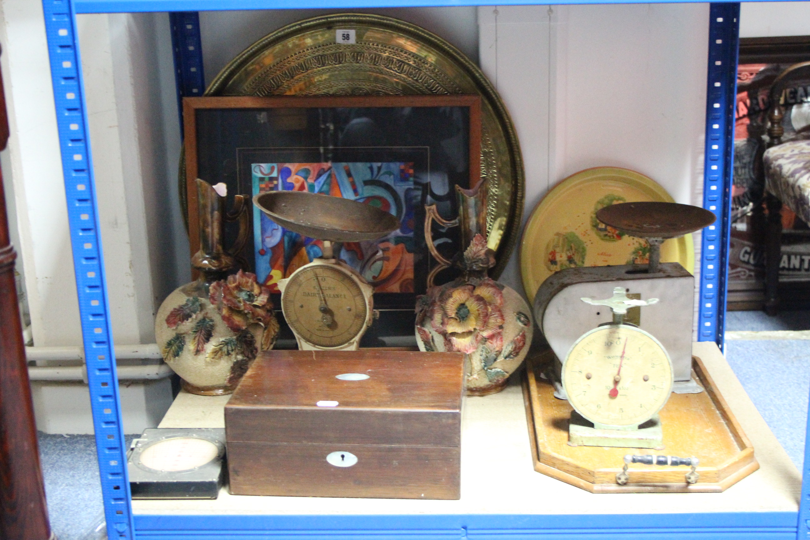 A 19th century mahogany jewellery box, 11½" wide; a brass engraved circular tray; two Texagen "Alice