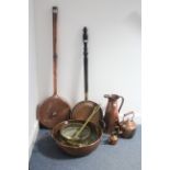 Two copper warming pans; a copper two-handled preserve pan; two copper kettles; & various other