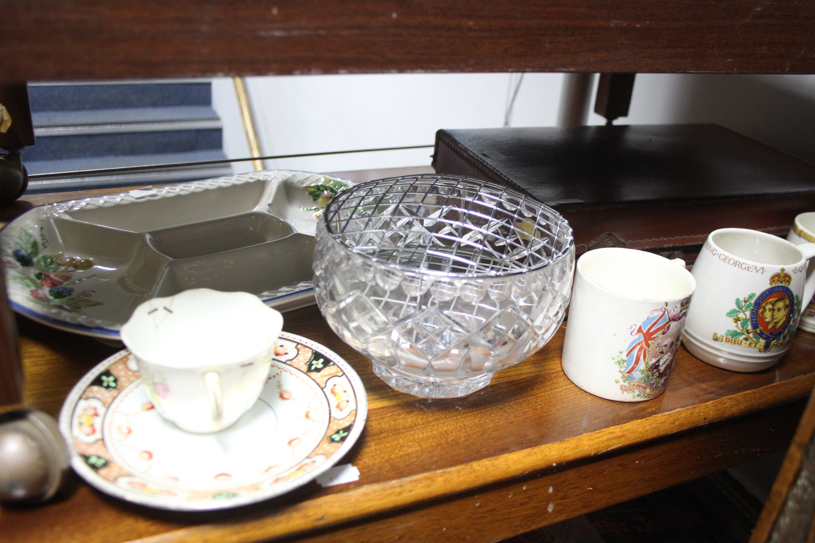 A Pountney & Co. floral decorated five-piece toilet set; a “Schweppes” glass soda syphon bottle; - Image 4 of 4