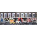 A large coloured print depicting a mid 20th century street scene with horse and cart to the