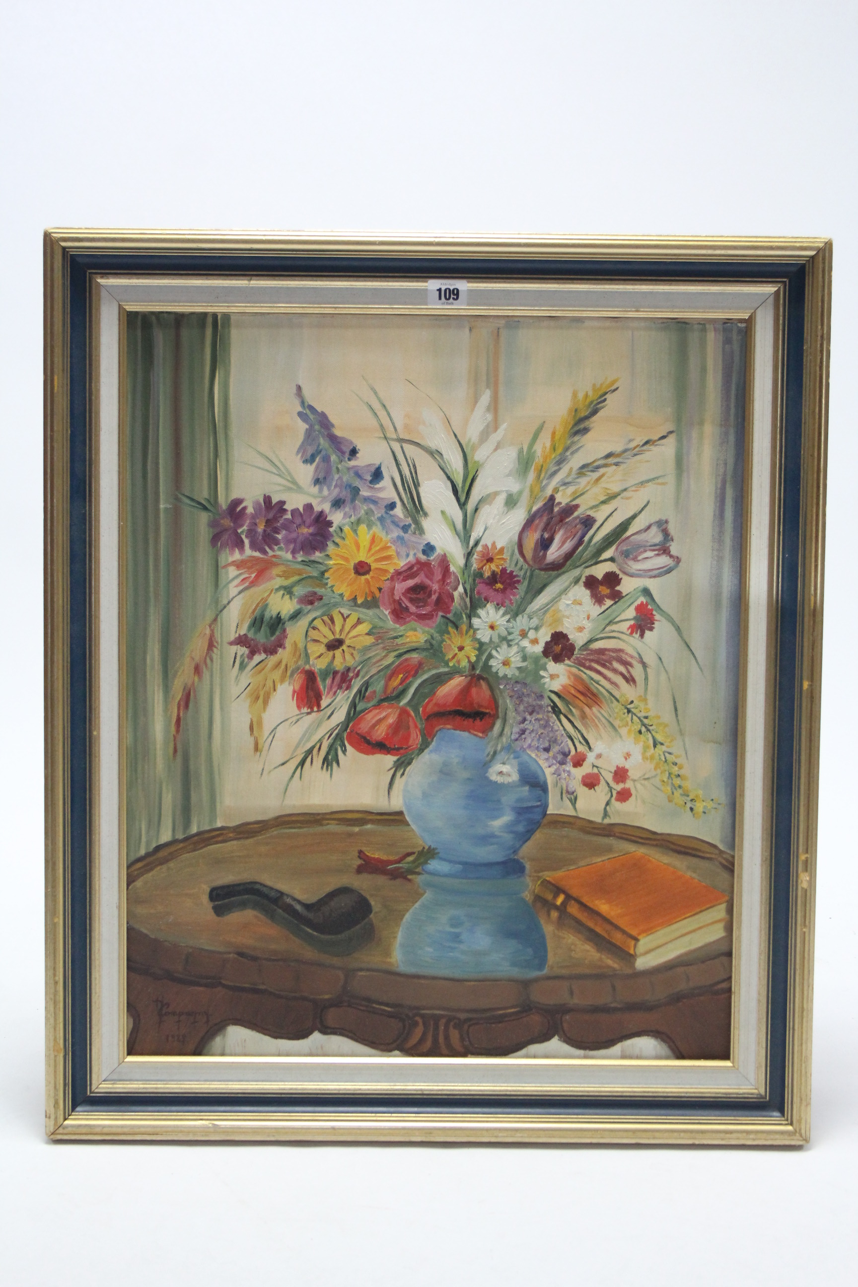 A still-life study of a vase of flowers (oil on canvas) signed Companny and dated 1987, 24" x 20";