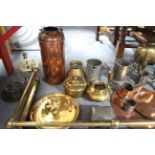 A brass kettle; a copper ale mule; a pewter tray; a brass fire curb; & various other items of