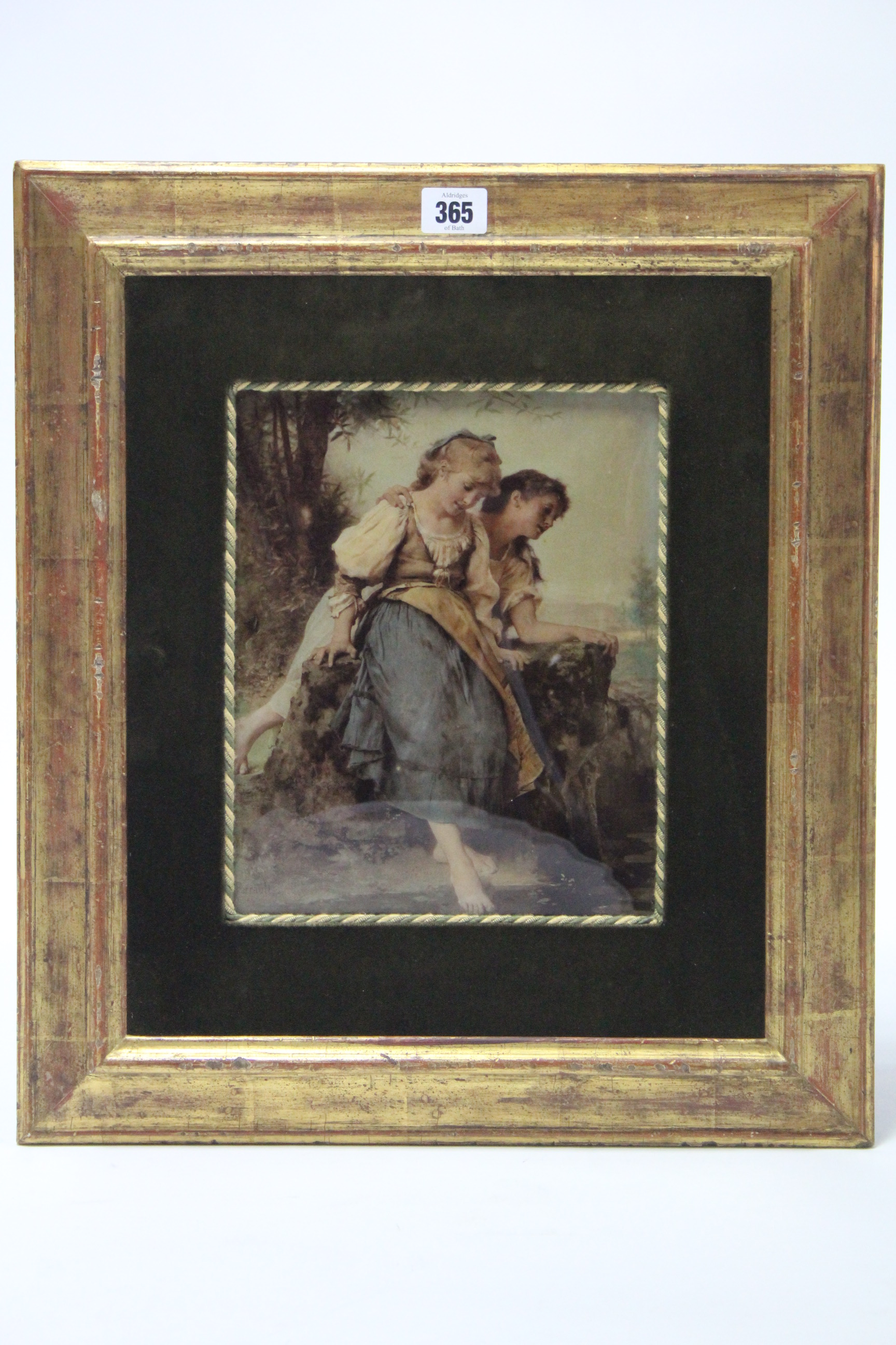 A late 19th century crystoleum print after Perrault, depicting two female figures by a stream, 9¾” x - Image 2 of 4