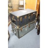 Two travelling trunks, 39¾” & 36” wide; together with a copper warming pan with long turned wooden