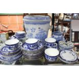 A Burslem blue & white “Willow” pattern waste pail, 11” high; a Copeland “Spodes Italian” jug & side