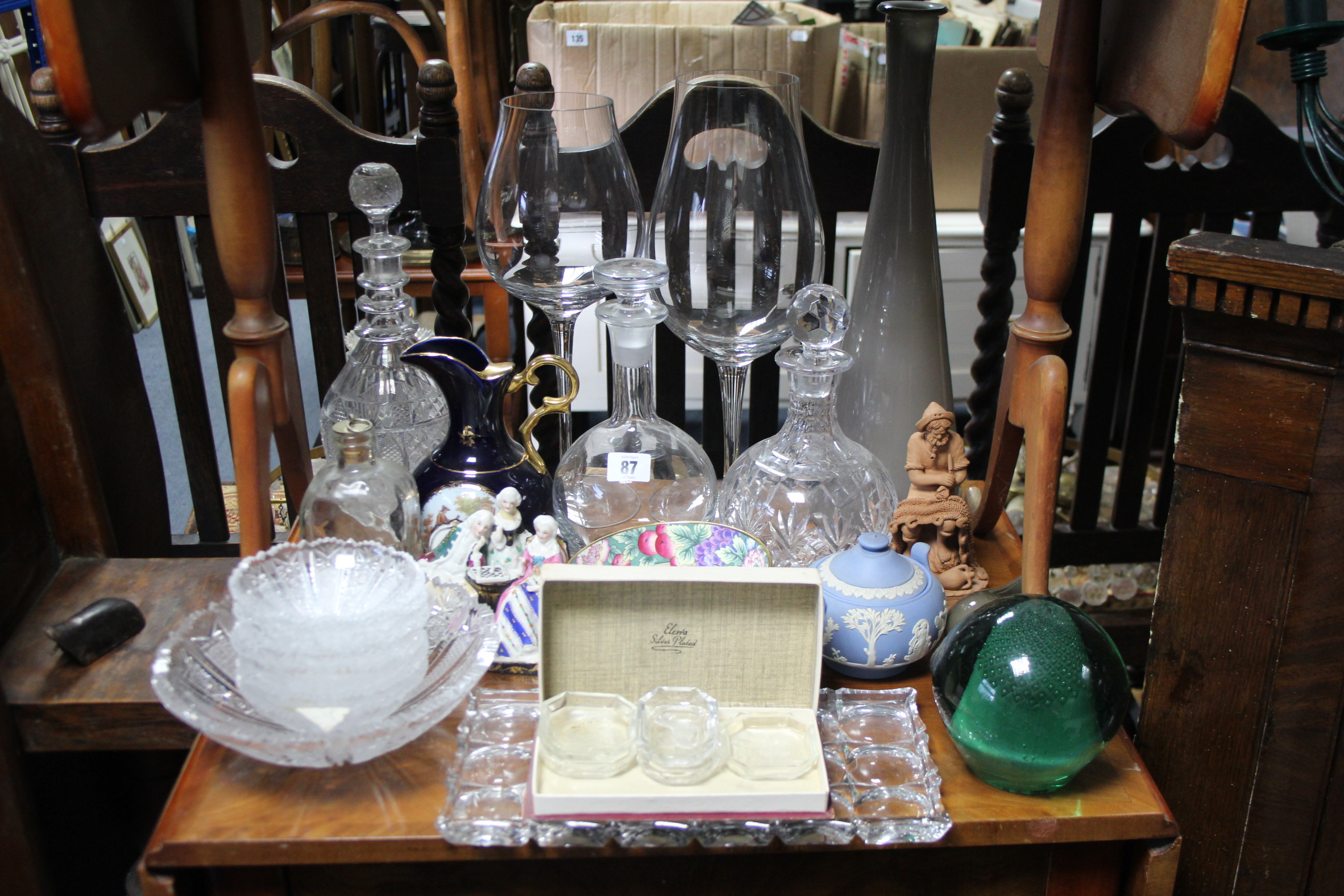 Two heavy cut-glass decanters; various other items of glassware; and various other decorative