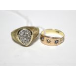An 18ct. gold ring set small diamonds between two small sapphires (size I/J); & a 14ct. gold ring