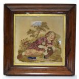 A mid-19th century wool gros-point picture of a recumbent figure holding a dog, 18” x 18”; in wide