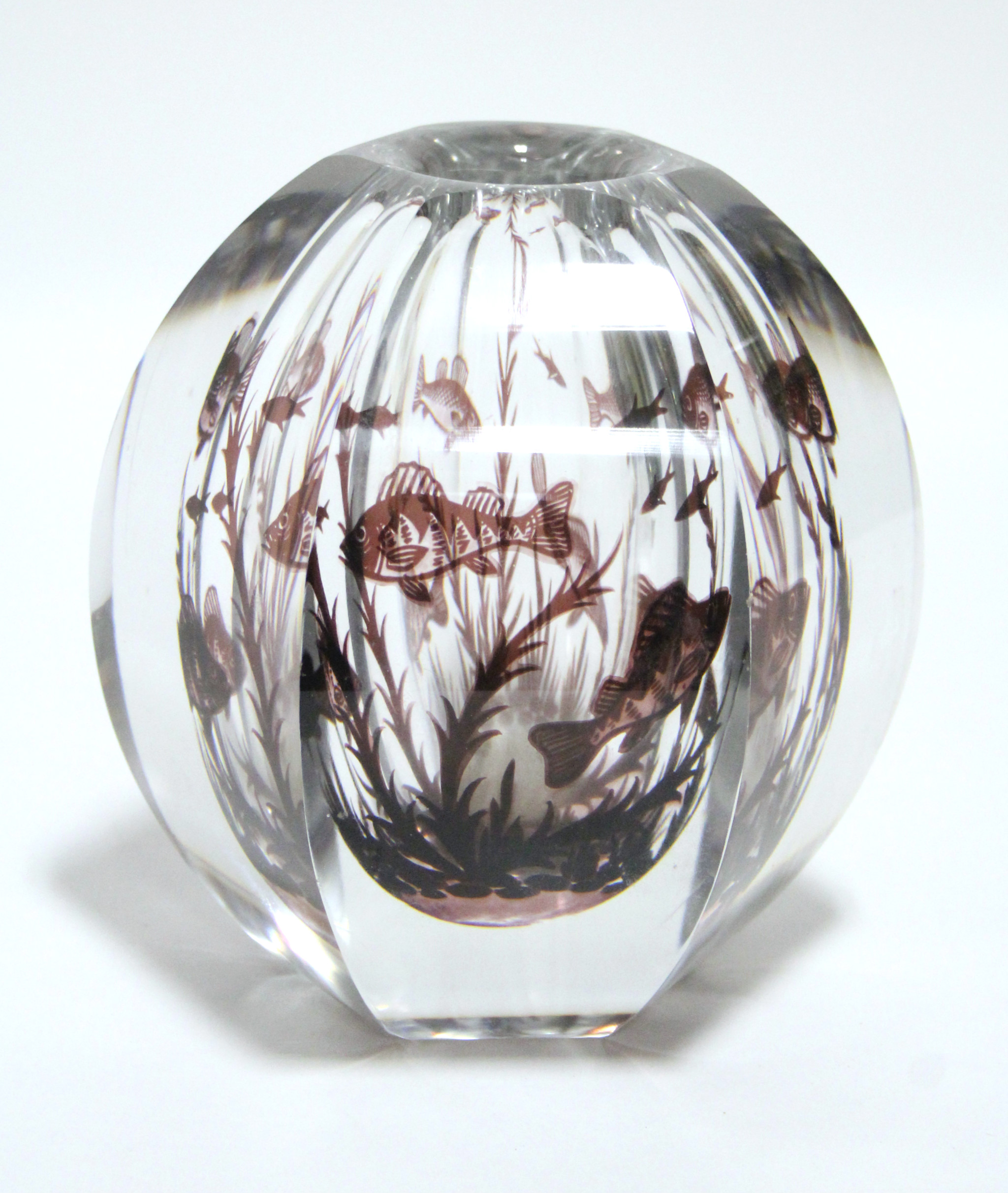 An ORREFORS GLASS "GRAAL" VASE by EDWARD HALD, of six-sided ovoid form, internally decorated in ox-