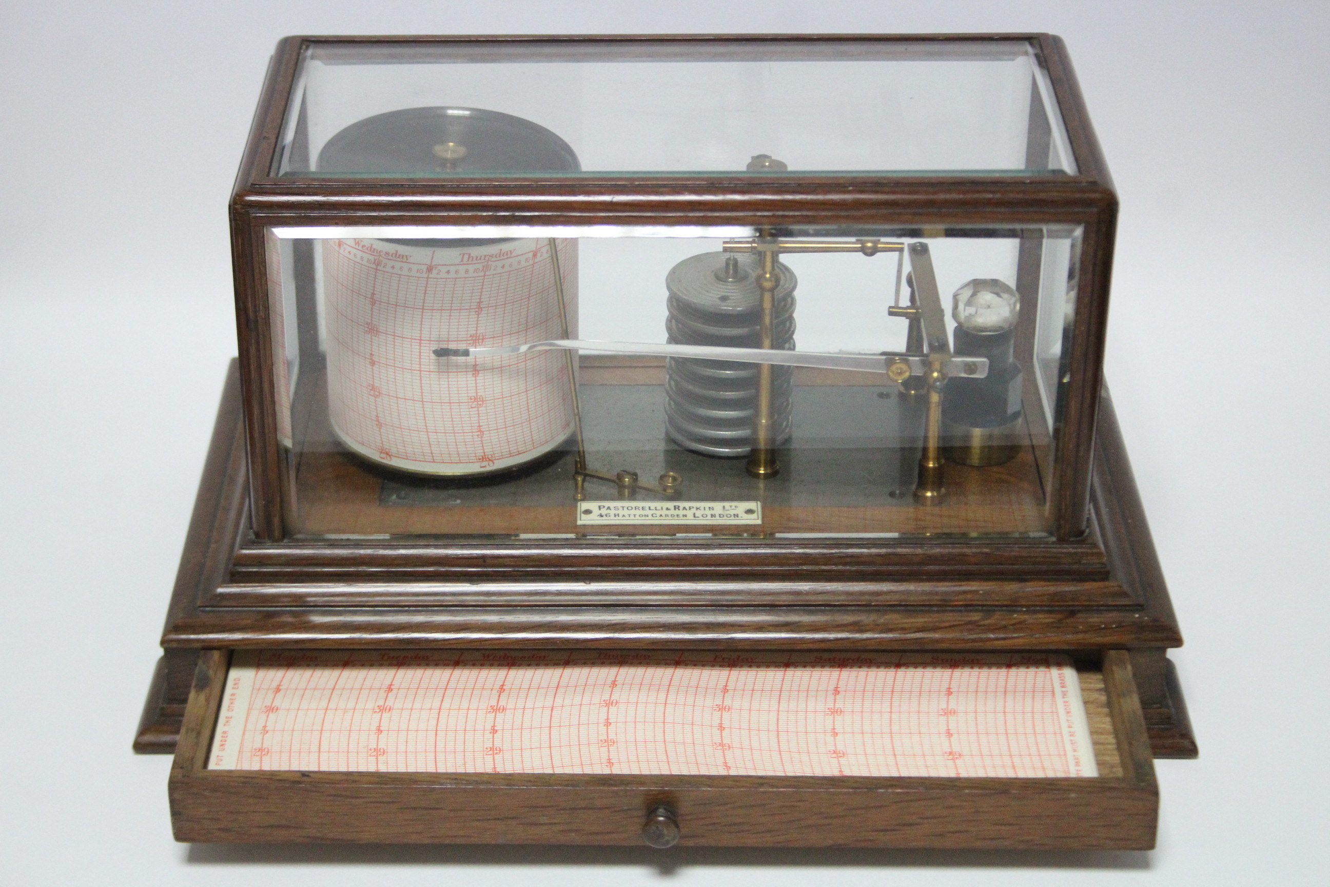 An early 20th century barograph by Pastorelli & Rapkin of Hatton Garden, in oak case with bevelled - Image 3 of 4