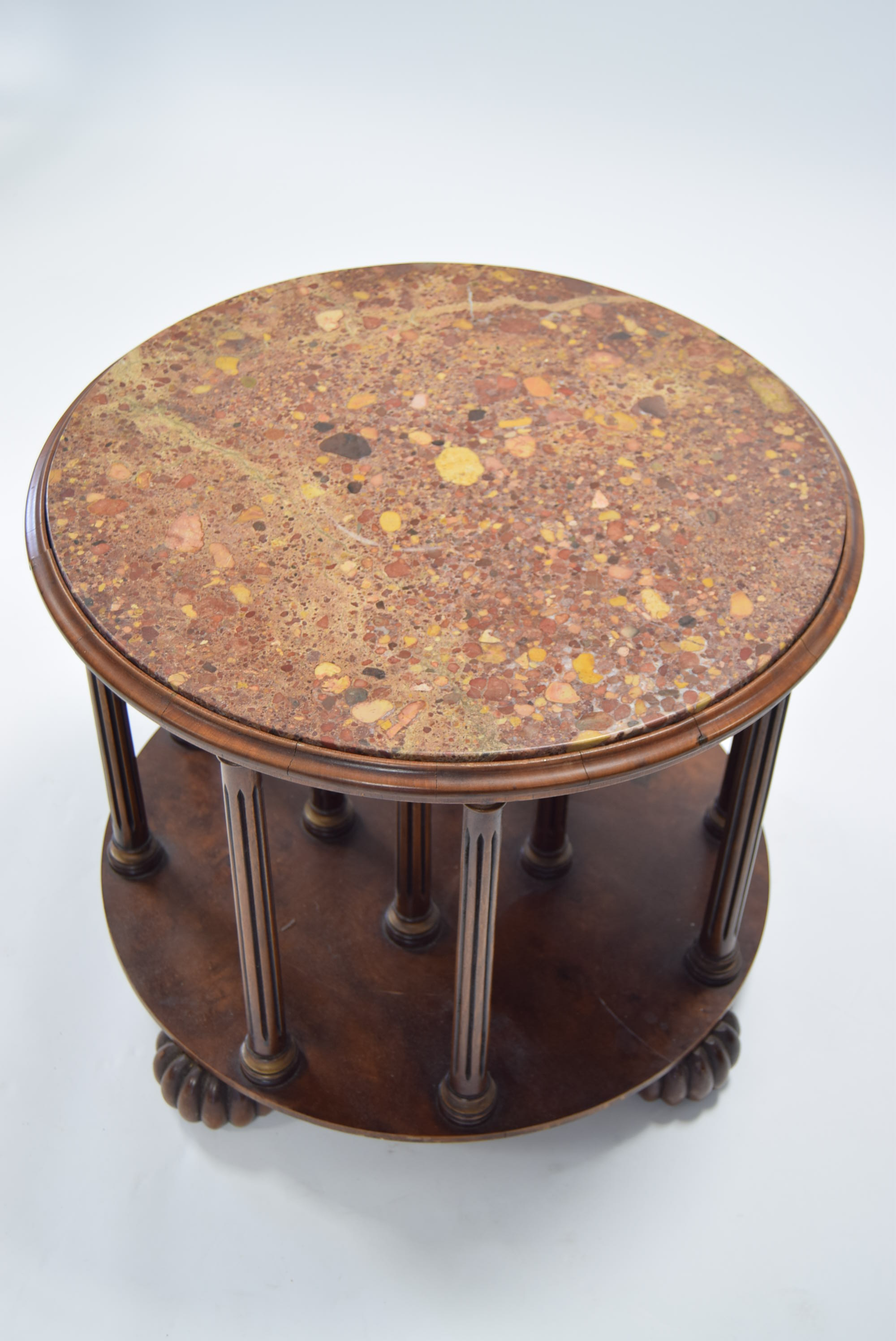 A mahogany & burr-walnut circular two-tier revolving occasional table, inset scagiola top on - Image 2 of 2