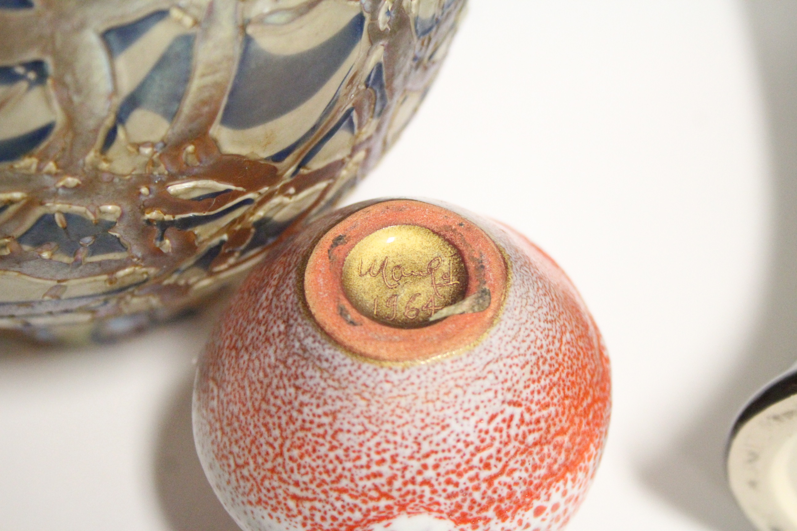 A Black Ryden pottery "Papaver" pattern slender waisted vase, 6½"; an art glass ovoid oil lamp - Image 3 of 3