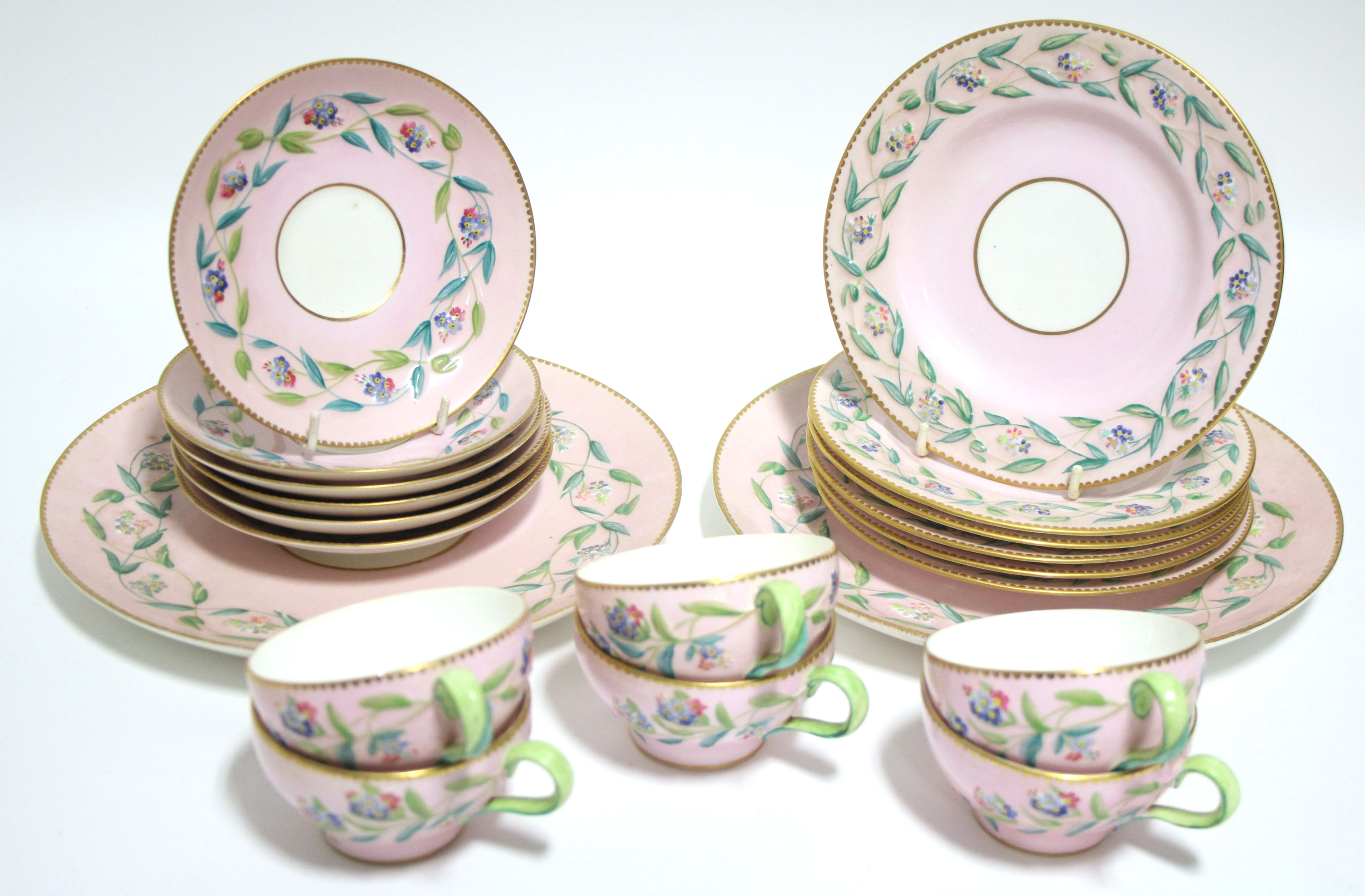 A 19th century Copeland porcelain tea service of pink ground with painted floral decoration in - Image 2 of 6