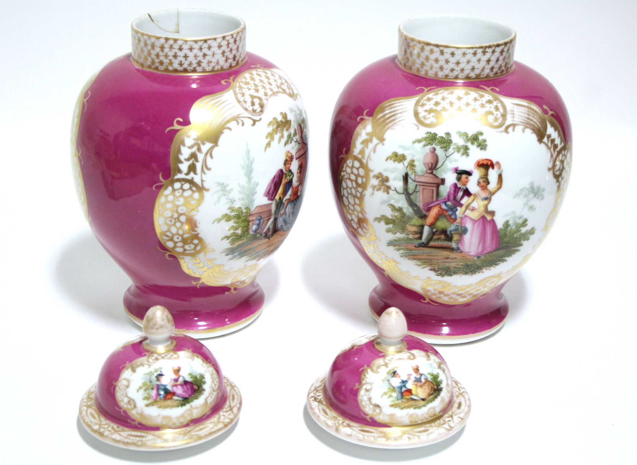 A pair of Helena Wolfsohn porcelain baluster vases & covers in the Meissen style, puce ground with - Image 4 of 6