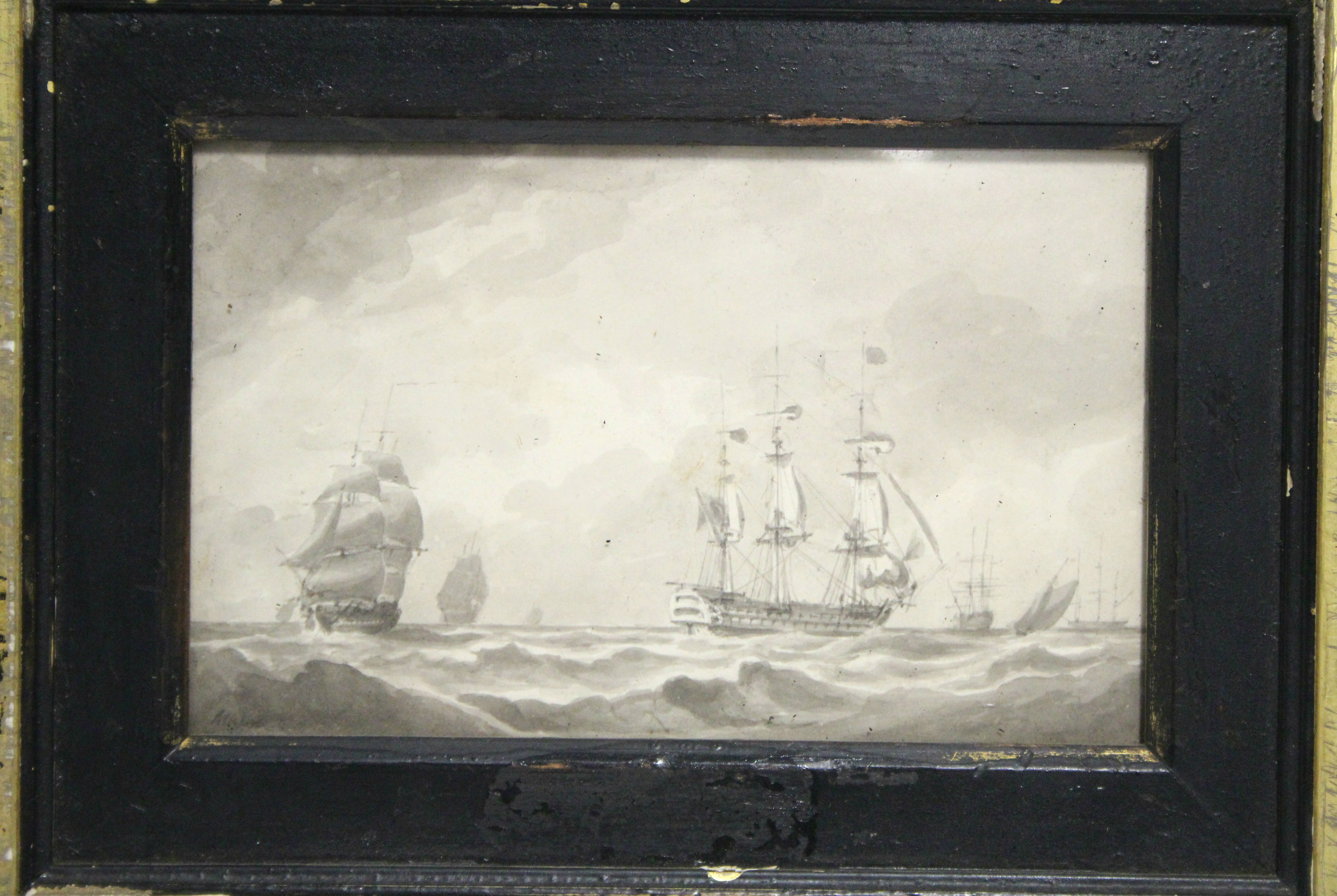 ATKINS, Samuel (1765-1808, attributed to). A three-masted man-o’-war & other vessels in choppy seas.