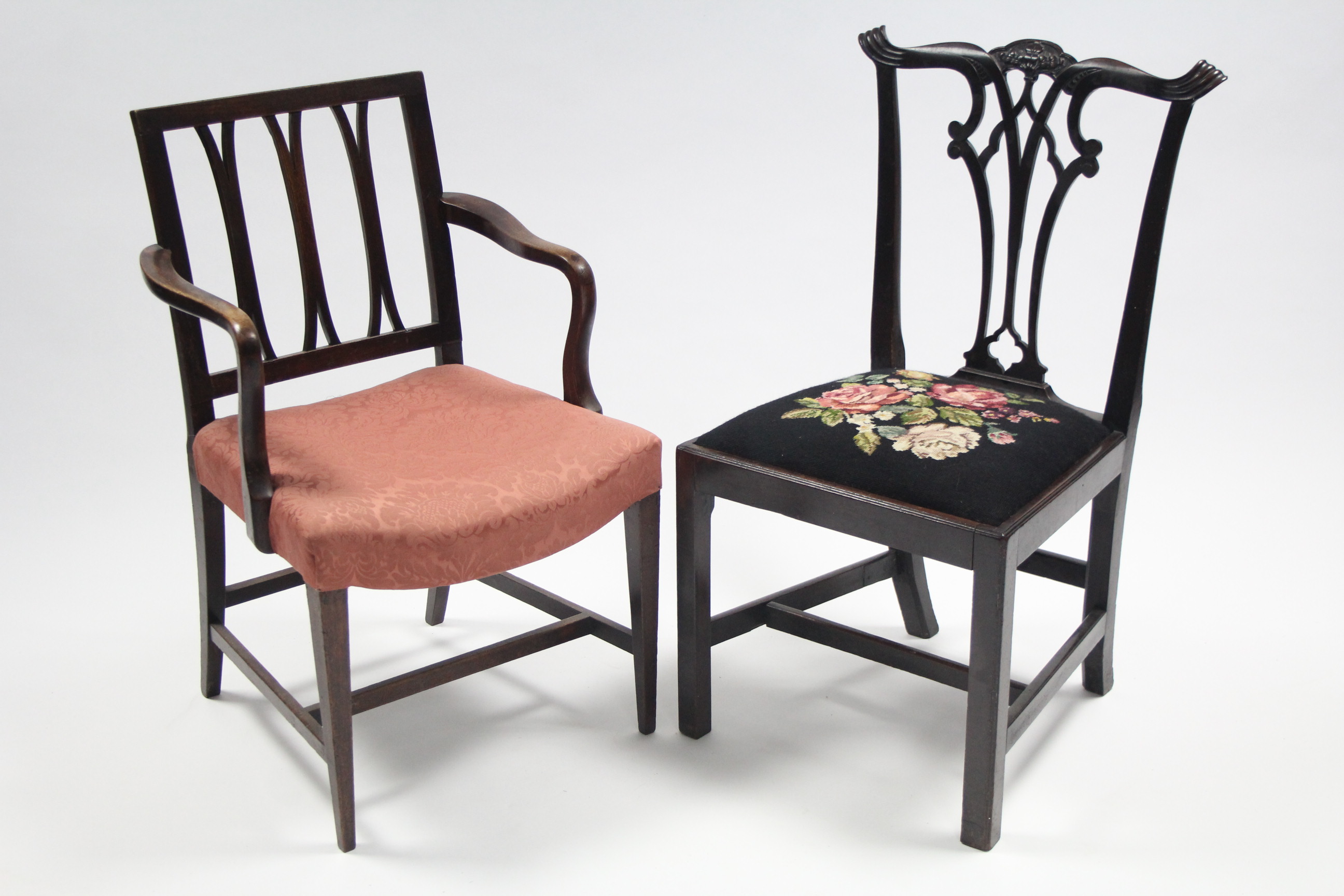 A Chippendale-style mahogany dining chair with carved & pierced splat back, padded drop-in seat