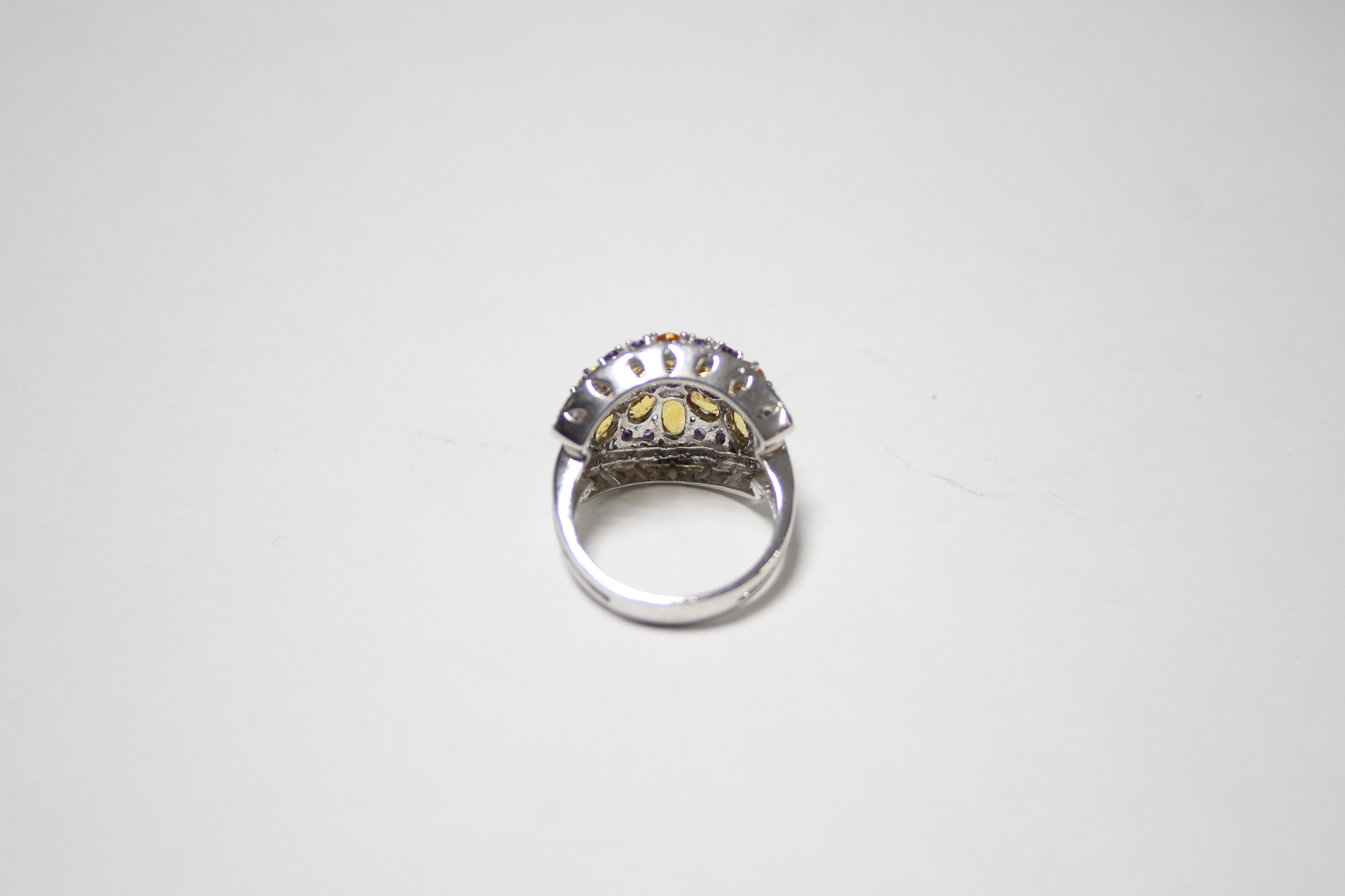 A 14K white gold ring with large cluster panel set small citrines, pink topaz, & diamonds. - Image 3 of 3