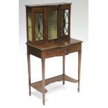 An Edwardian mahogany & satinwood crossbanded bonheur-du-jour, the glazed upper part fitted glass