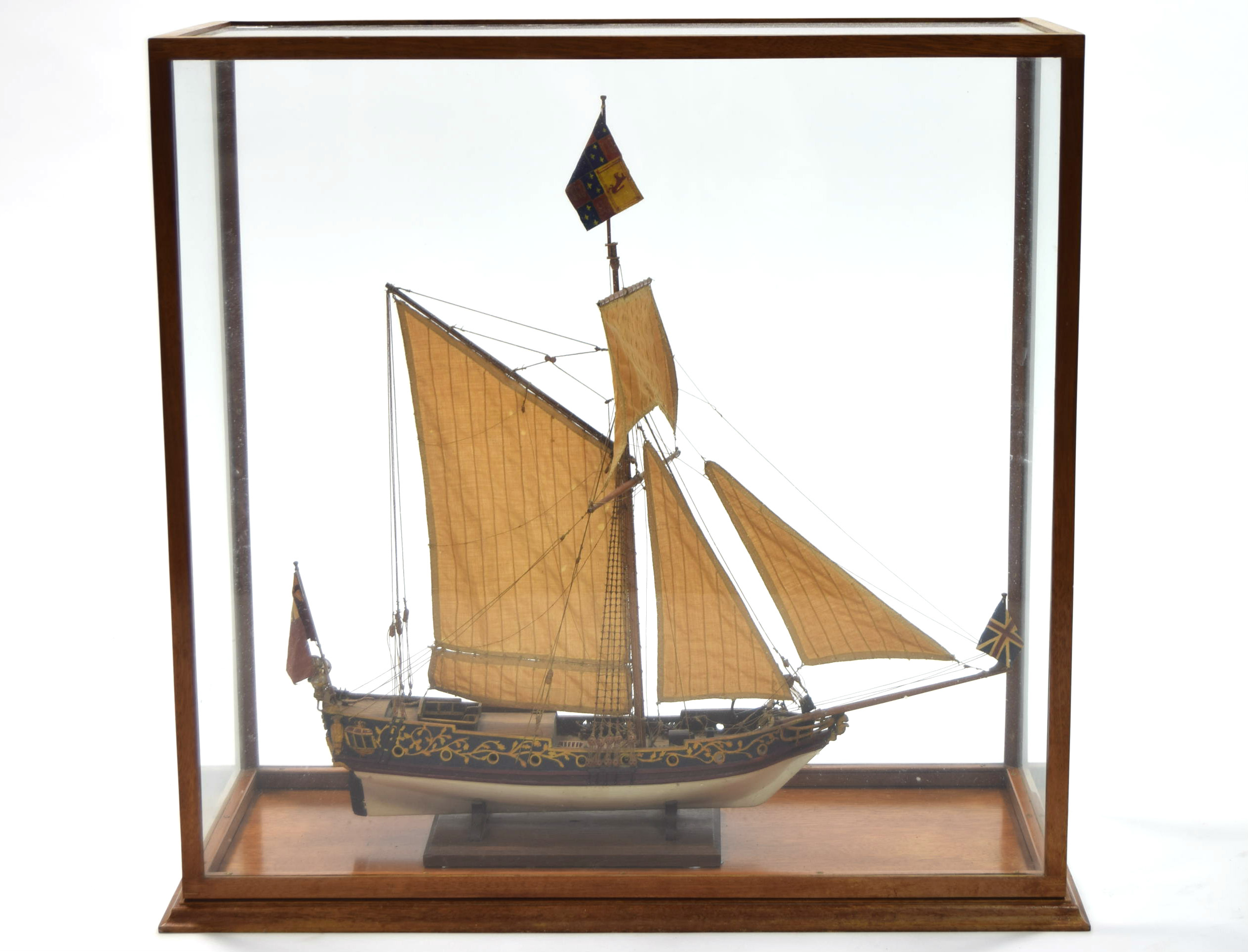 A well-made wood & canvas scale model of the Stuart Royal Yacht of circa 1674; 23” long x 23”