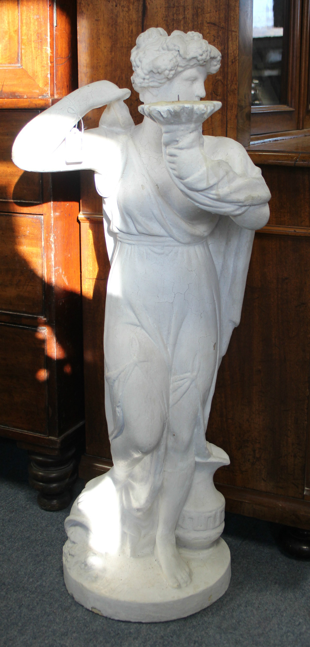 A white-painted plaster standing classical female figure with flowing robes, a candle holder to - Image 2 of 6