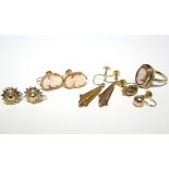 A 9ct. gold ring set oval shell cameo of a female bust; a pair of matching earrings; two pairs of
