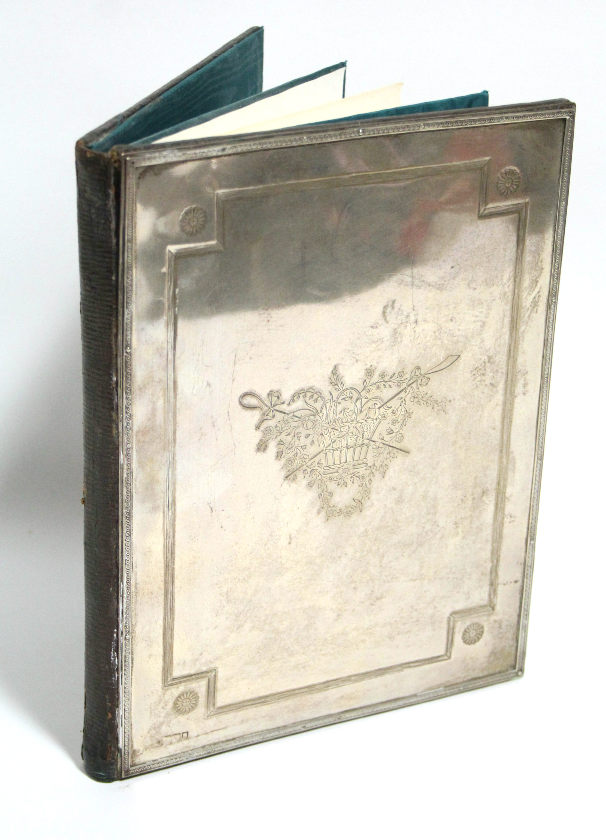 A rectangular leather blotter, the front with applied silver cover engraved with a basket of - Image 2 of 4
