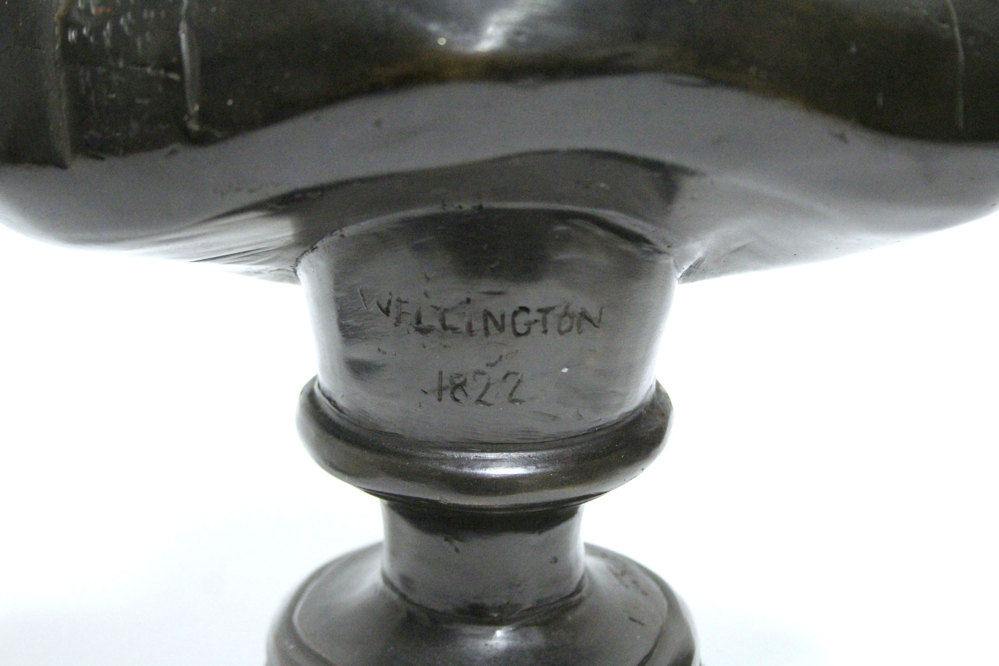 A bronze bust of the Duke of Wellington, on round black marble socle; 14” high over-all. - Image 3 of 3