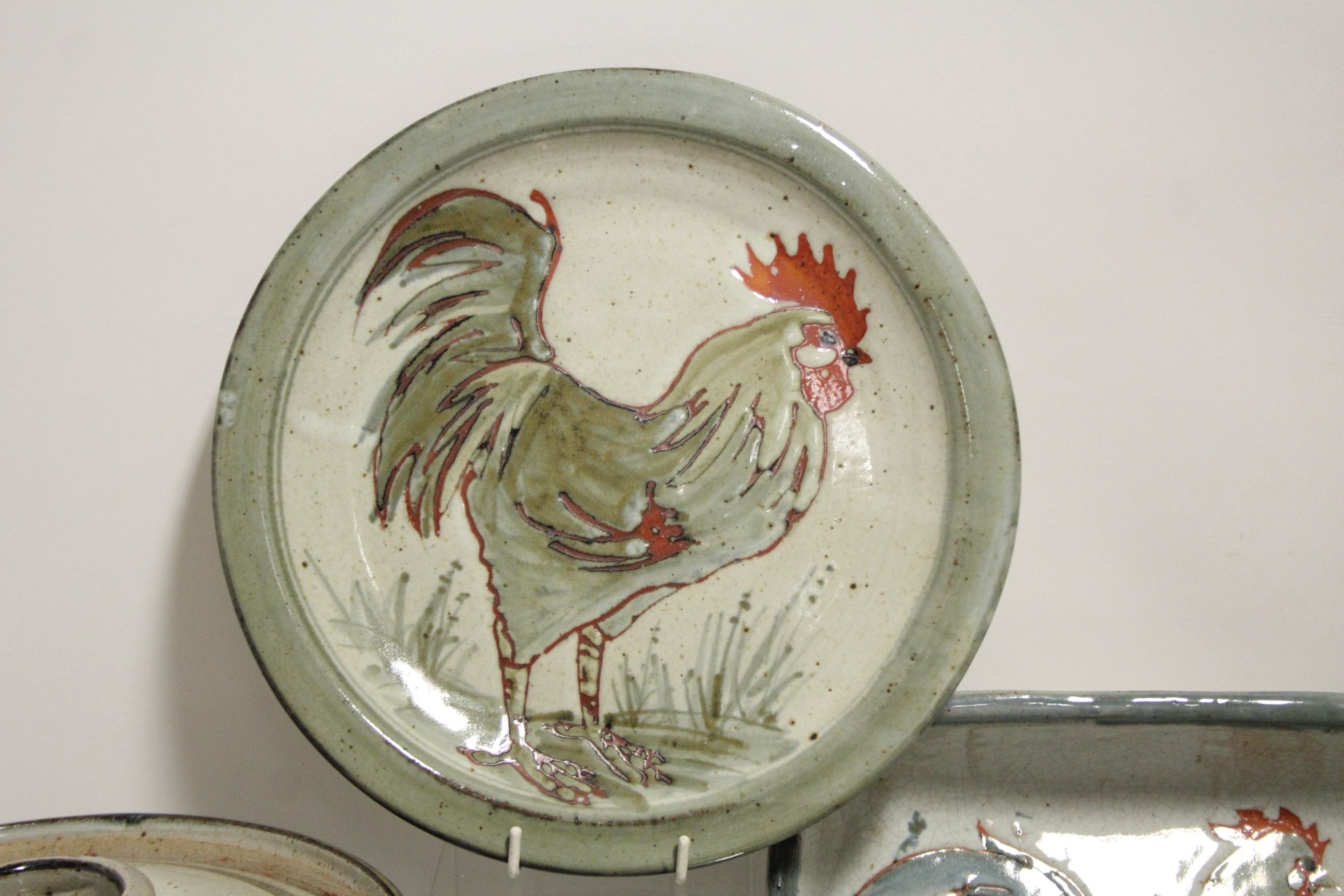 Four Collin Kellam stoneware rectangular dishes with cockerel decoration; a ditto circular - Image 2 of 7