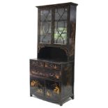 A LATE GEORGE III CHINOISERIE LACQUER BOOKCASE, the upper part enclosed by pair of astragal glazed