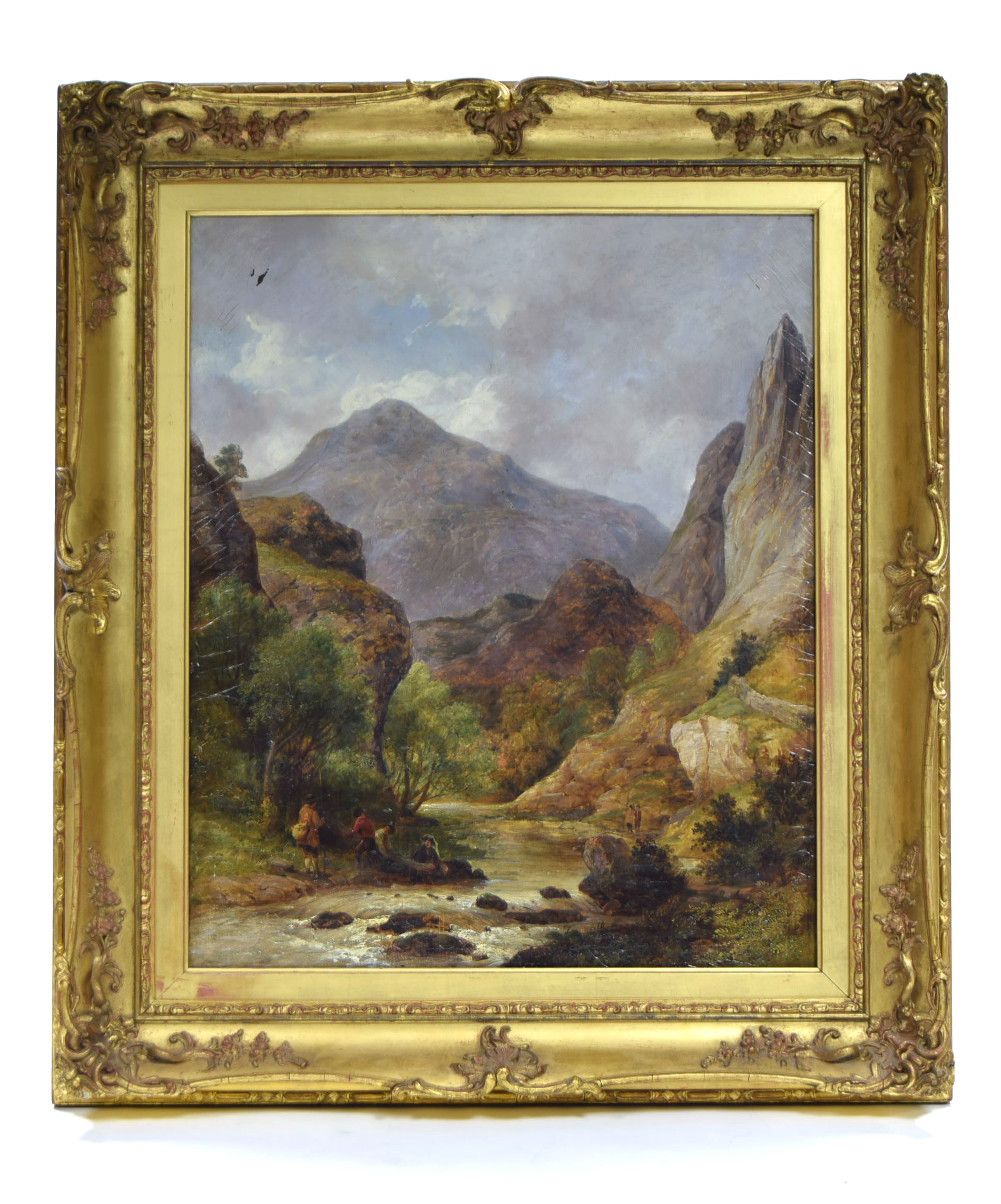 ENGLISH SCHOOL, early/mid-19th century. A river gorge with anglers to the fore, mountains beyond.