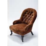 A Victorian small buttoned-back tub-shaped chair upholstered bronze velour, on short turned legs