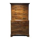 AN 18th century FIGURED MAHOGANY SECRETAIRE CHEST-ON-CHEST, the upper part with dentil & blind-