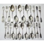 A service of George IV Fiddle pattern flatware comprising: six table spoons, six table forks,