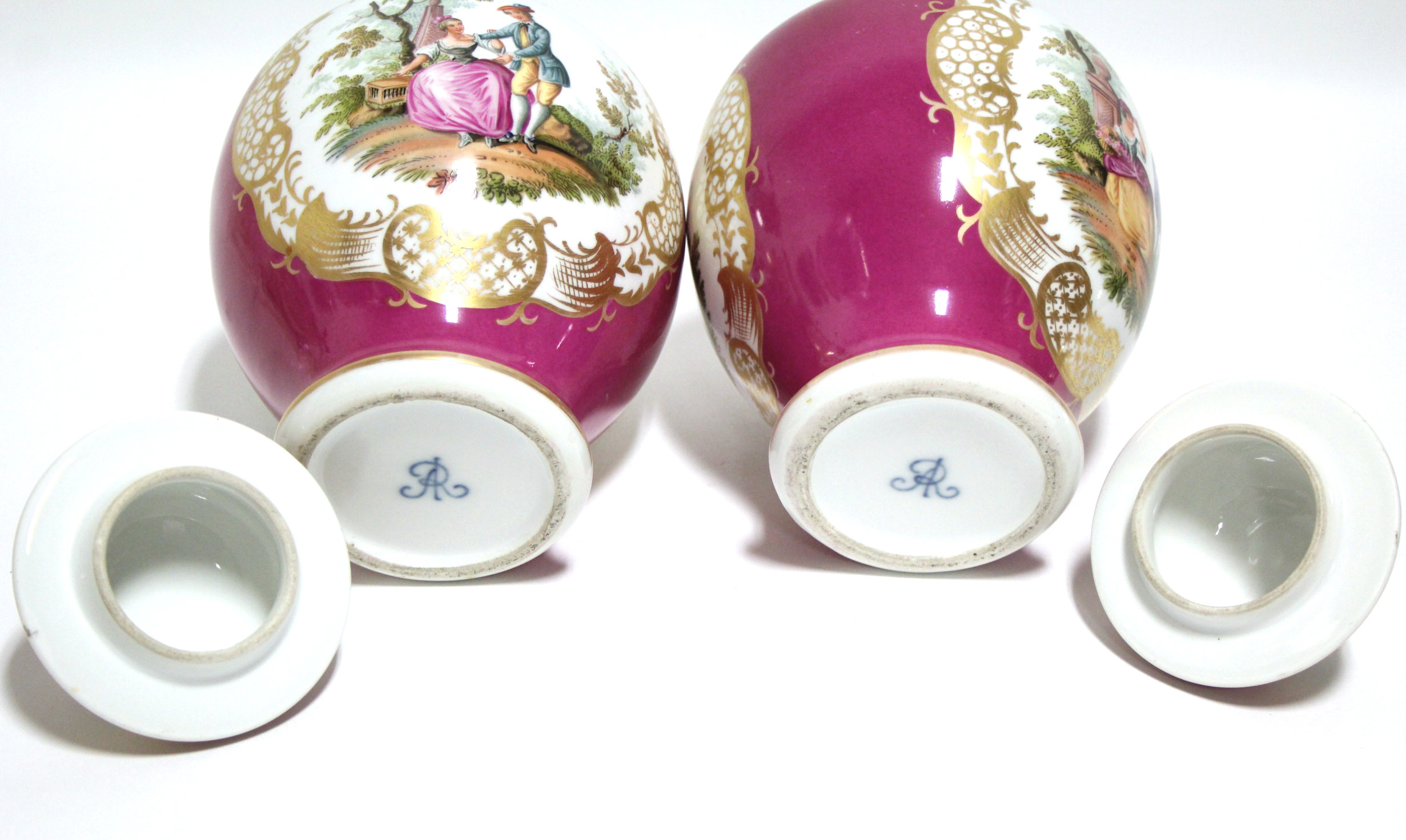 A pair of Helena Wolfsohn porcelain baluster vases & covers in the Meissen style, puce ground with - Image 6 of 6