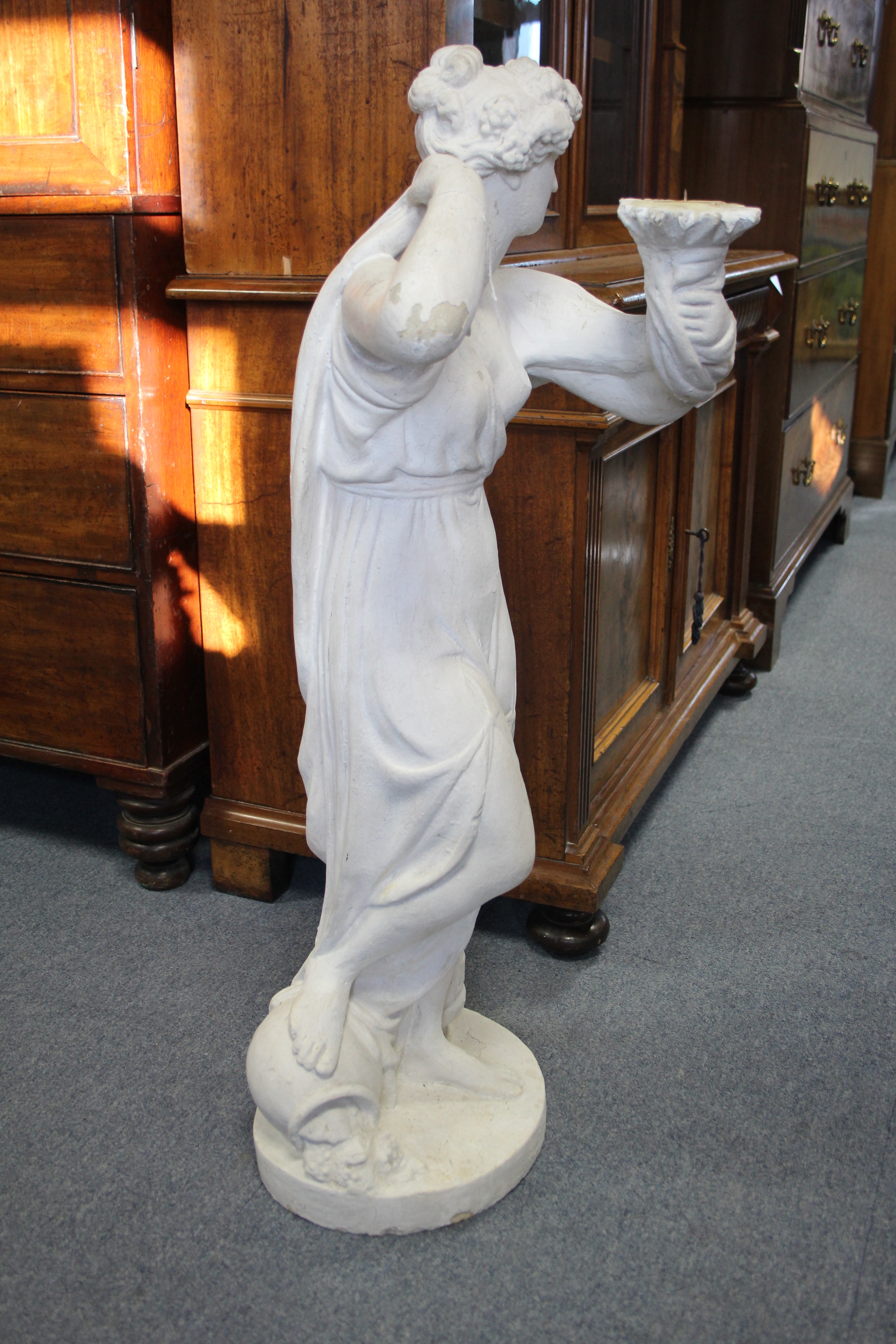 A white-painted plaster standing classical female figure with flowing robes, a candle holder to - Image 4 of 6