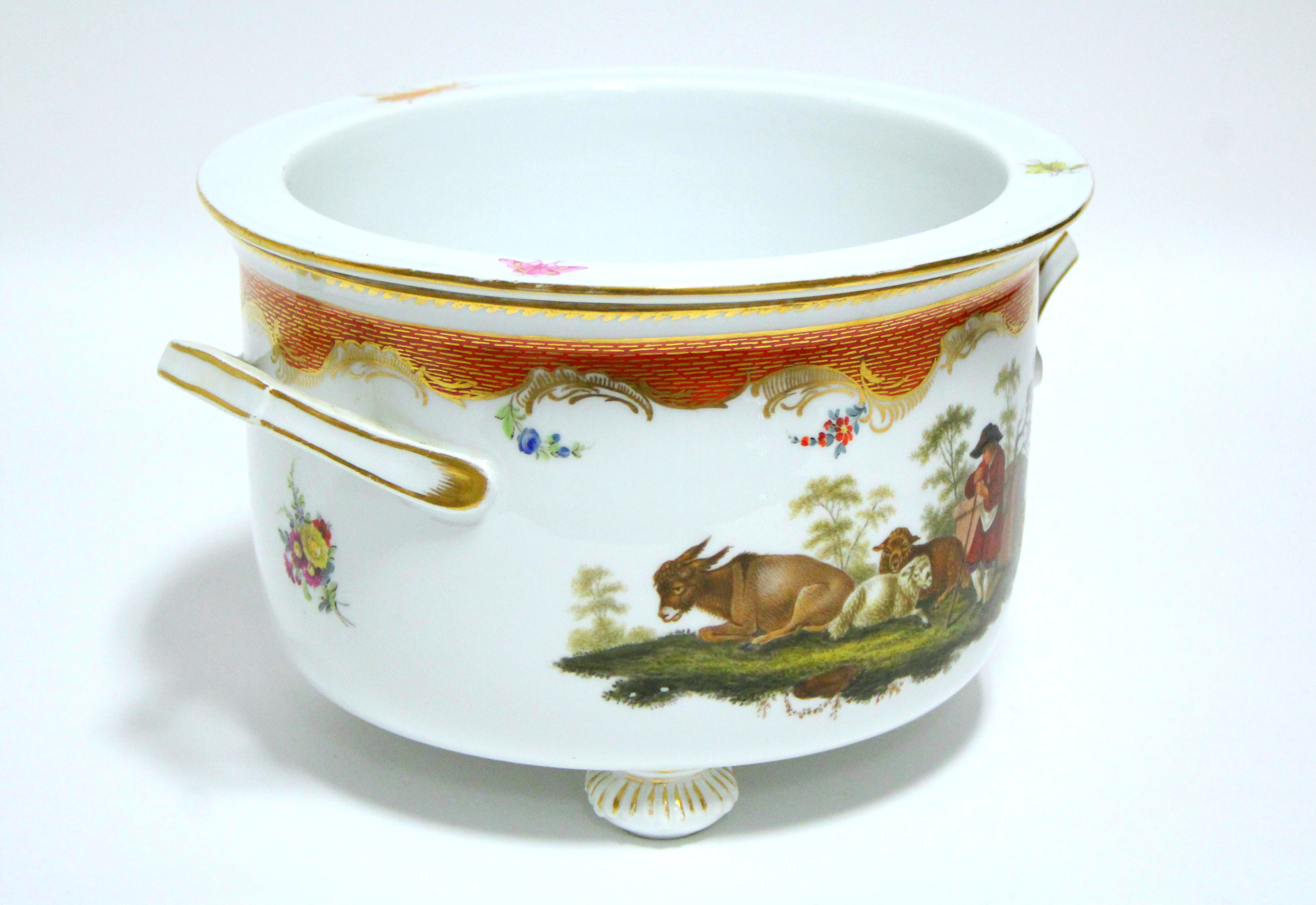 A 19th century MEISSEN TWO-HANDLED ICE PAIL with separate liner, the exterior with finely painted