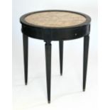A 19th century ebonised circular occasional table inset scagiola top, the frieze fitted two