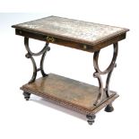 A REGENCY MAHOGANY & BRASS-INLAID CONSOLE TABLE, the rectangular top inset rouge breccia marble &