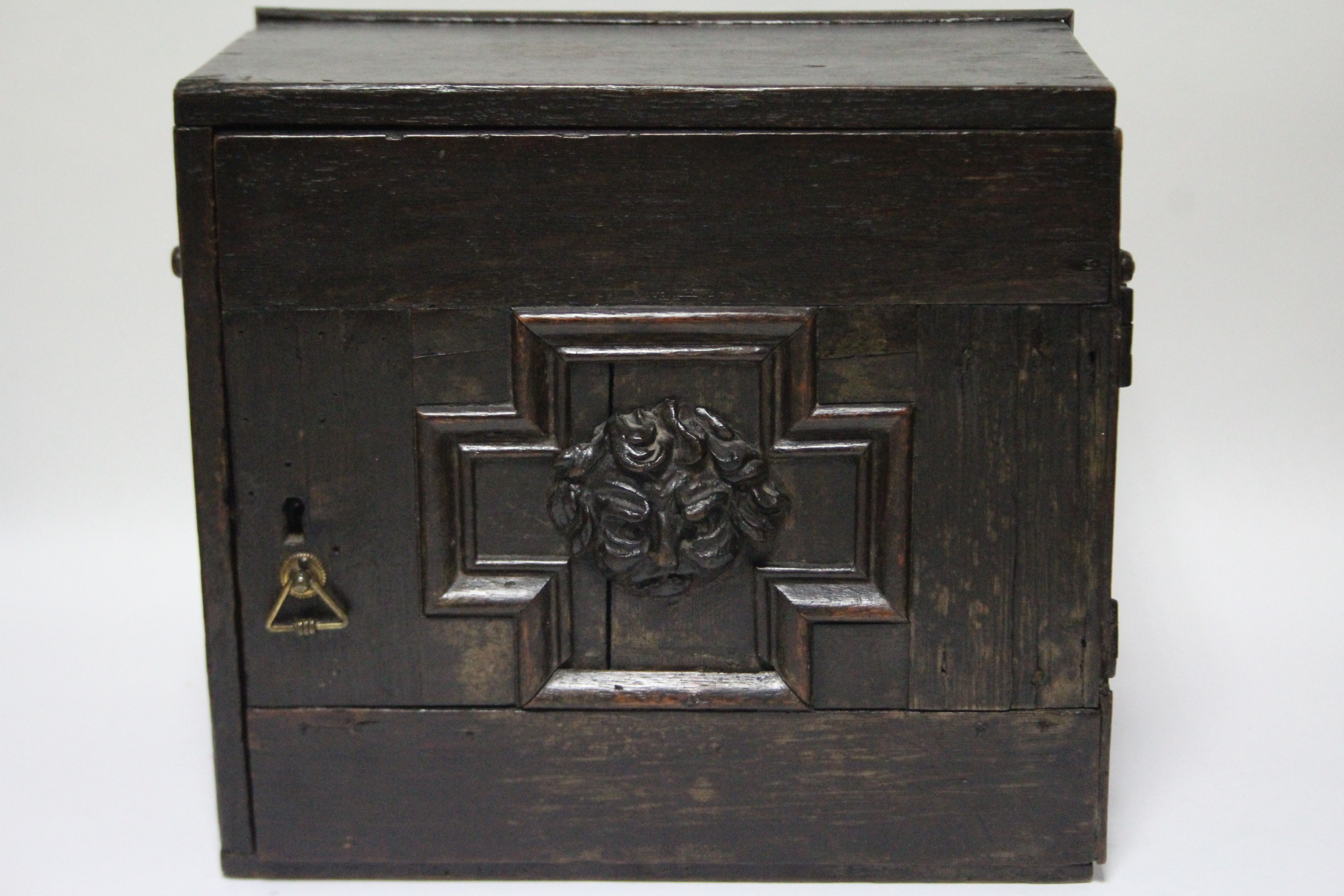 A late 17th/early 18th century oak small portable chest fitted with an arrangement of nine small - Image 3 of 5