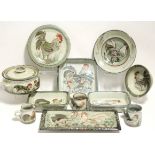 Four Collin Kellam stoneware rectangular dishes with cockerel decoration; a ditto circular