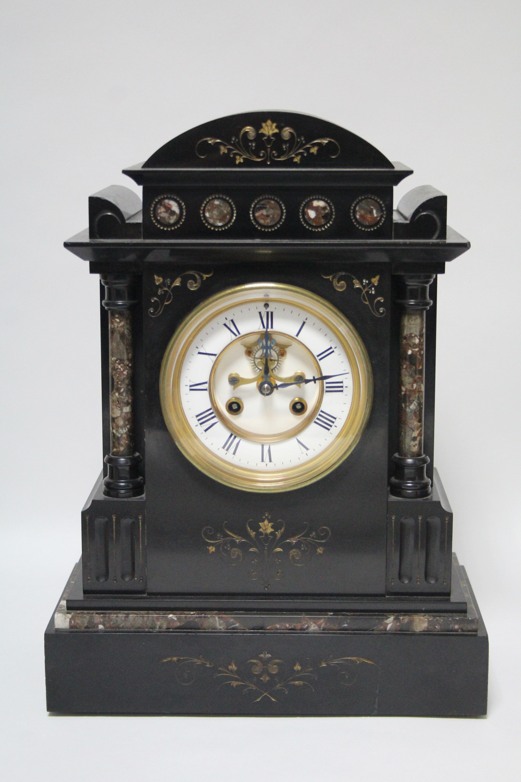 A late 19th century mantel clock with visible escapement to the two-part enamel dial, Henry Marc