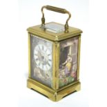 A LATE 19th century GILT-BRASS & PORCELAIN CARRIAGE CLOCK, the face, sides, & back inset porcelain