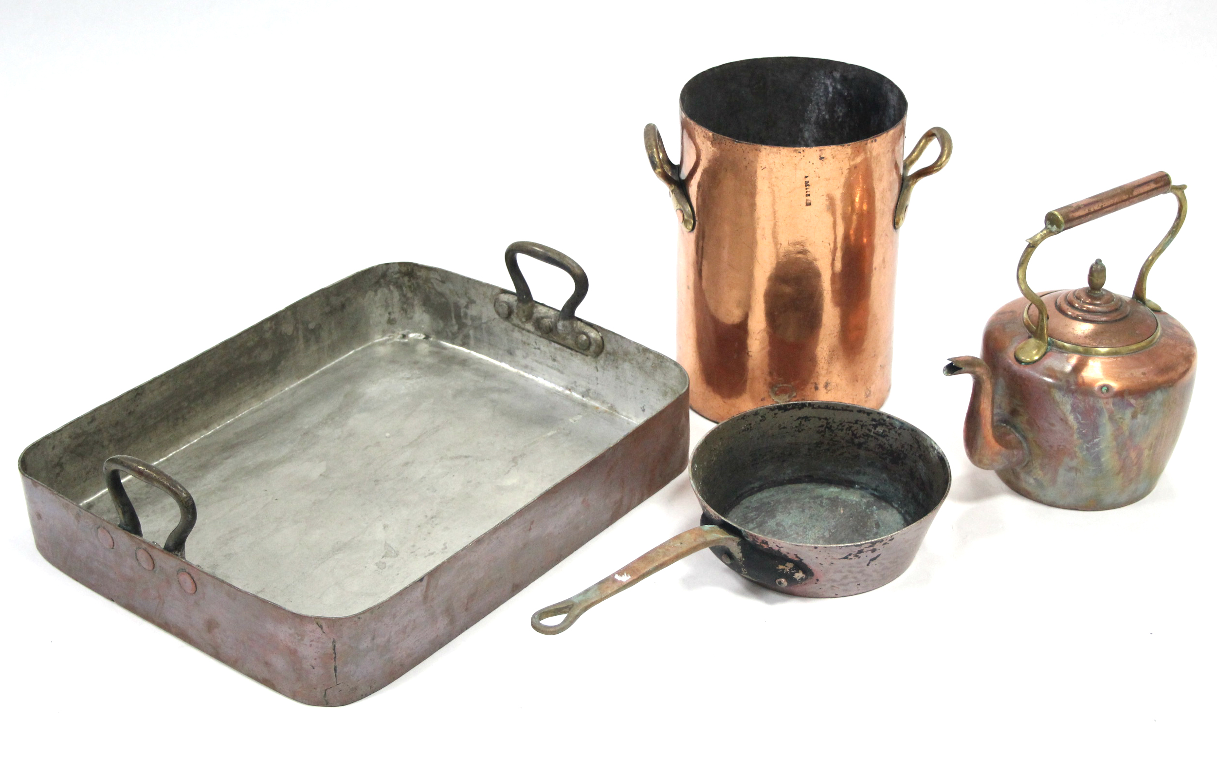 Four items of antique copper kitchenware, including a large roasting tray, a two-handled stock