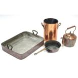 Four items of antique copper kitchenware, including a large roasting tray, a two-handled stock