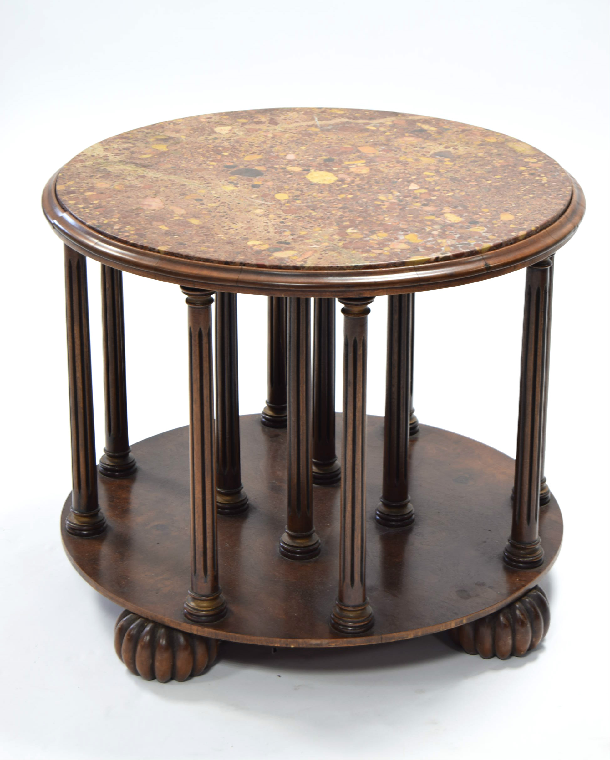 A mahogany & burr-walnut circular two-tier revolving occasional table, inset scagiola top on