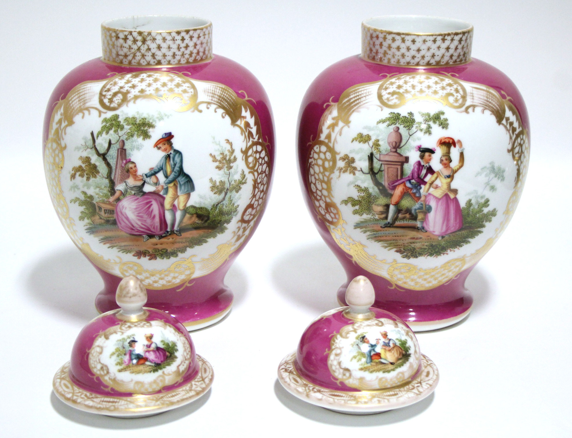 A pair of Helena Wolfsohn porcelain baluster vases & covers in the Meissen style, puce ground with - Image 3 of 6