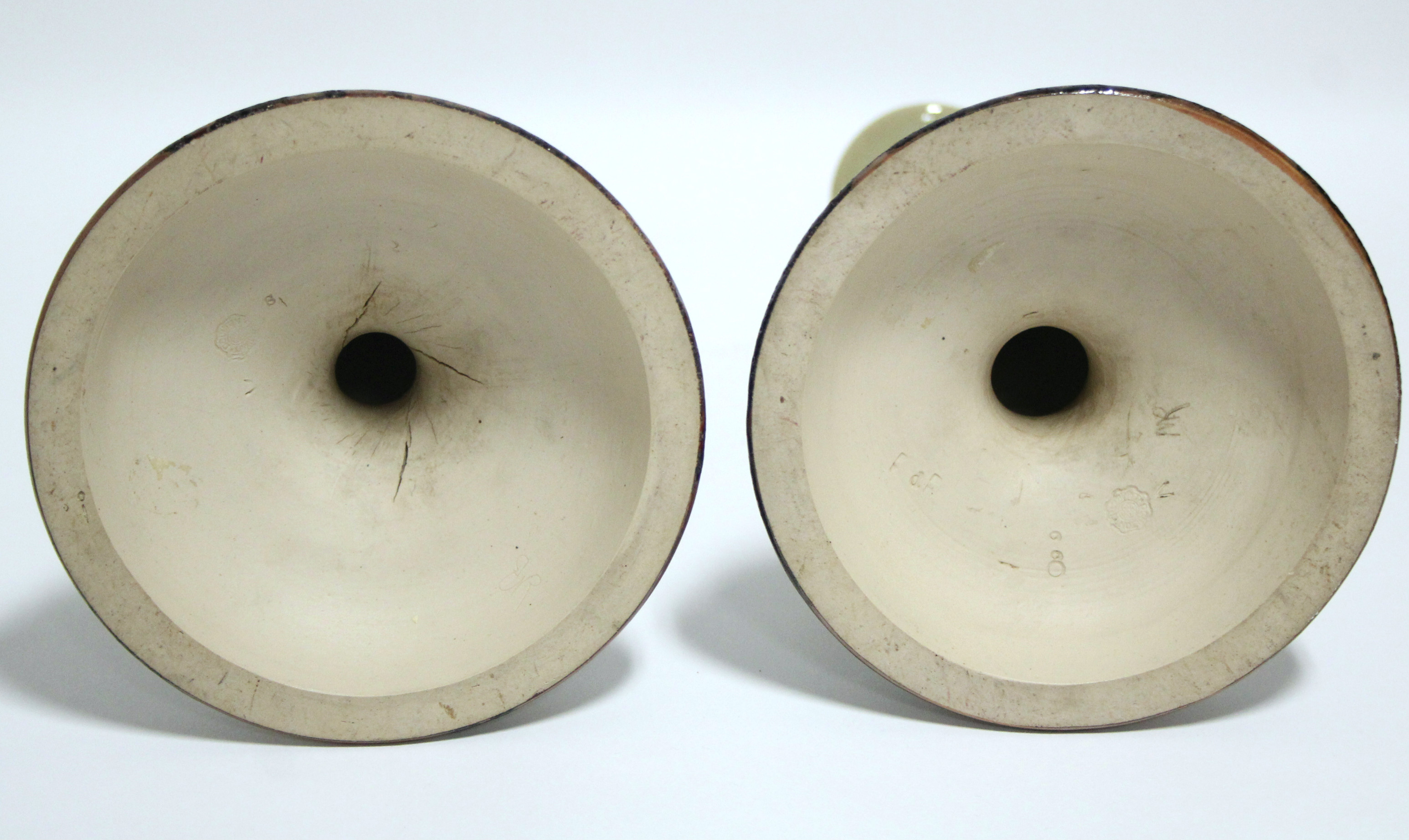 A pair of Doulton Lambeth stoneware candlesticks with round tapered columns &on circular domed - Image 3 of 5