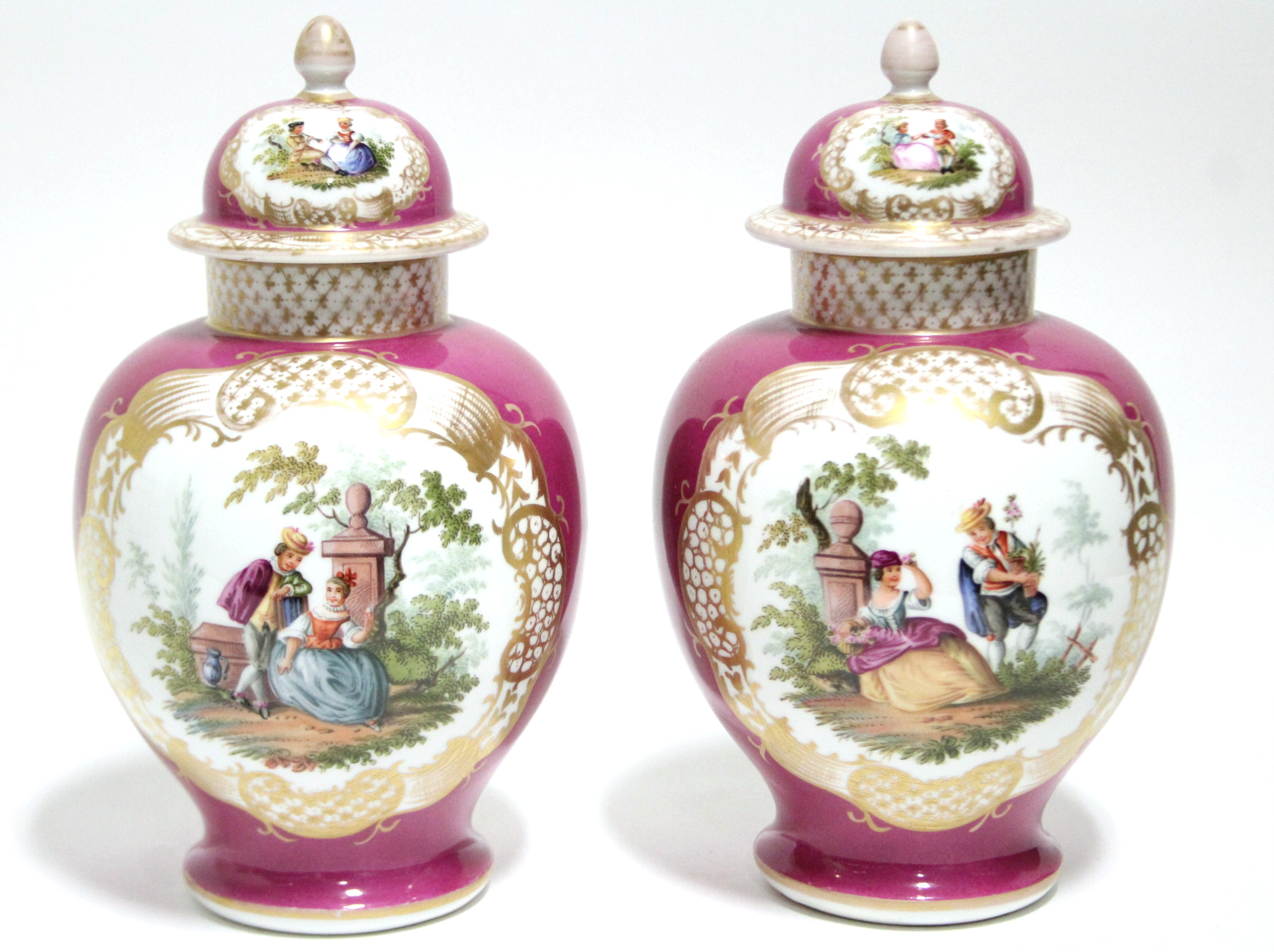 A pair of Helena Wolfsohn porcelain baluster vases & covers in the Meissen style, puce ground with - Image 2 of 6