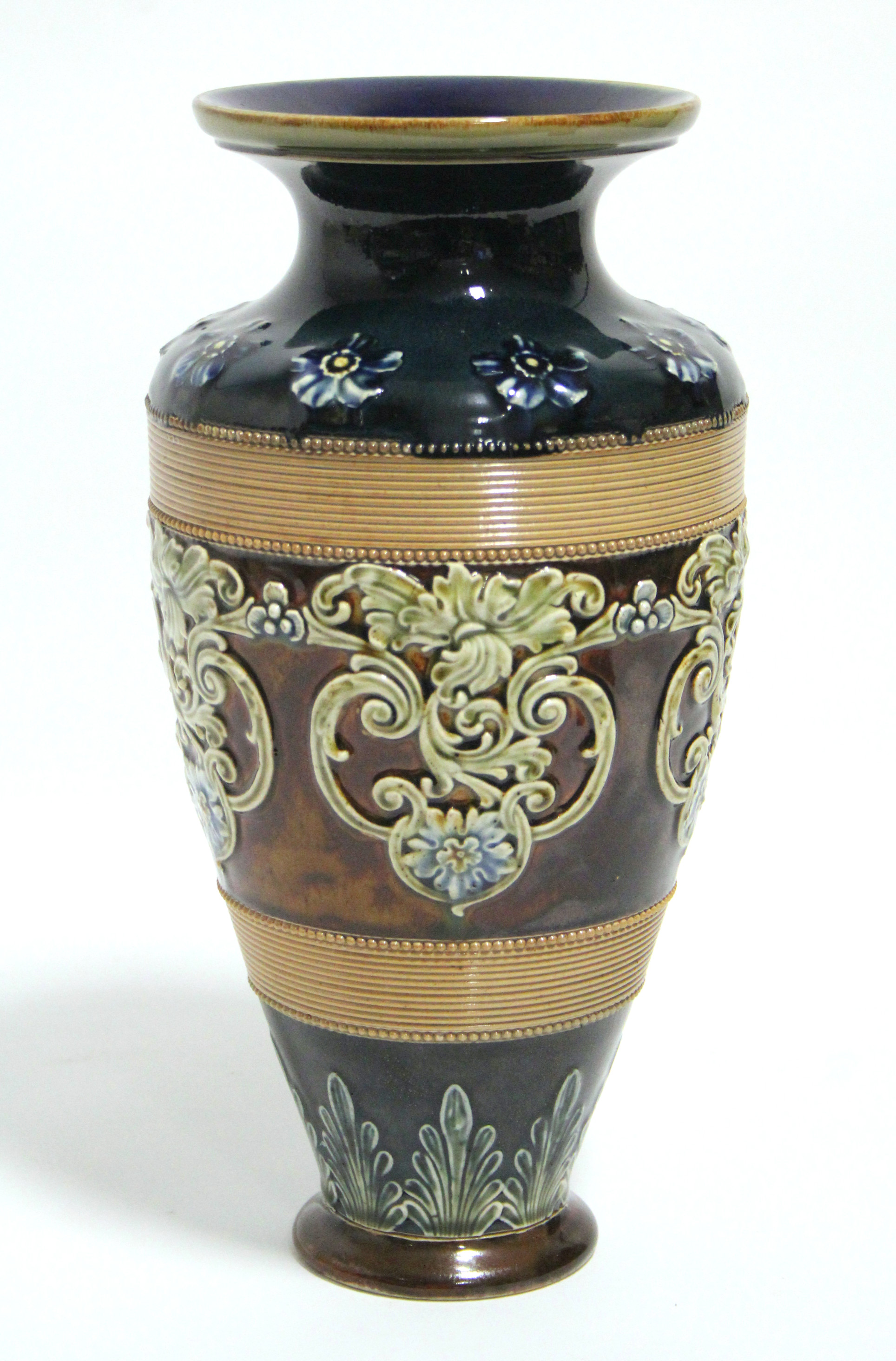 A Doulton Lambeth stoneware ovoid vase with short narrow neck, blue-green ground shoulder & foot,