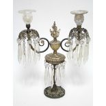 A pair of regency-style gilt brass candle lustres, the cut-glass sconces on scroll arms with prism
